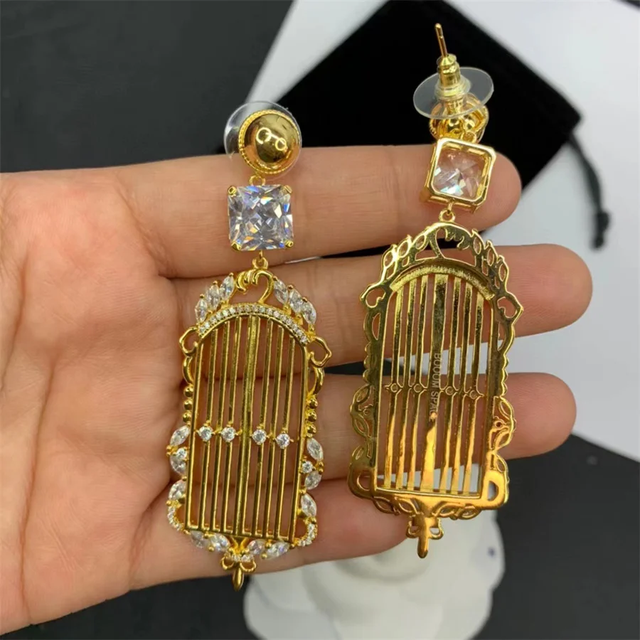 

French Palace Style Pipa Qin Tassel Earrings Women Fashion Vintage Bird Cage Grid Zircon High-End Light Luxury Charm