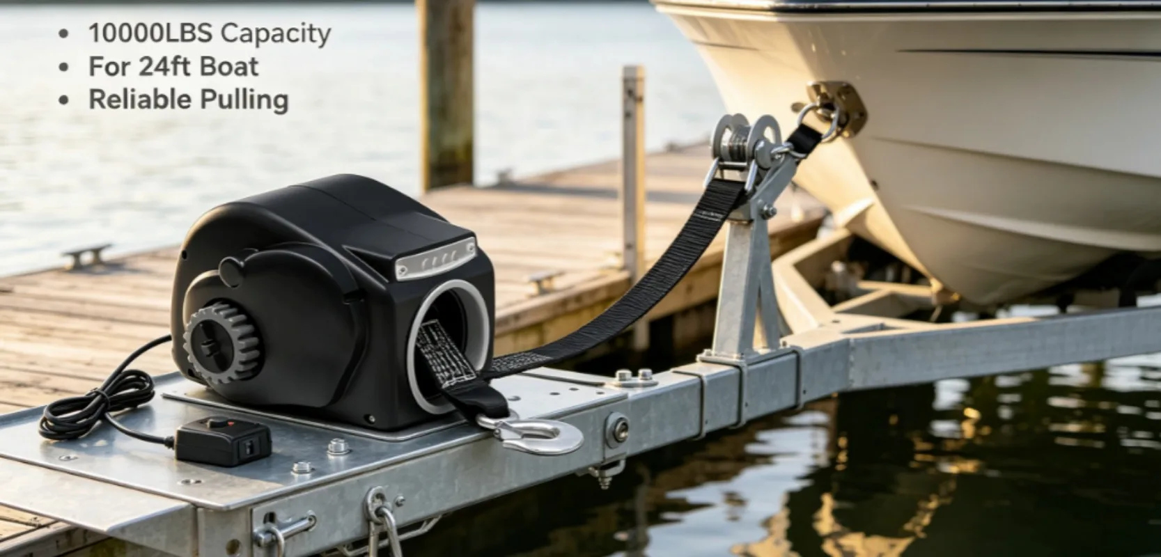 12V Electric Trailer Winch 10000LBS, With Strap, for 24‑ft Freshwater Boat, Black