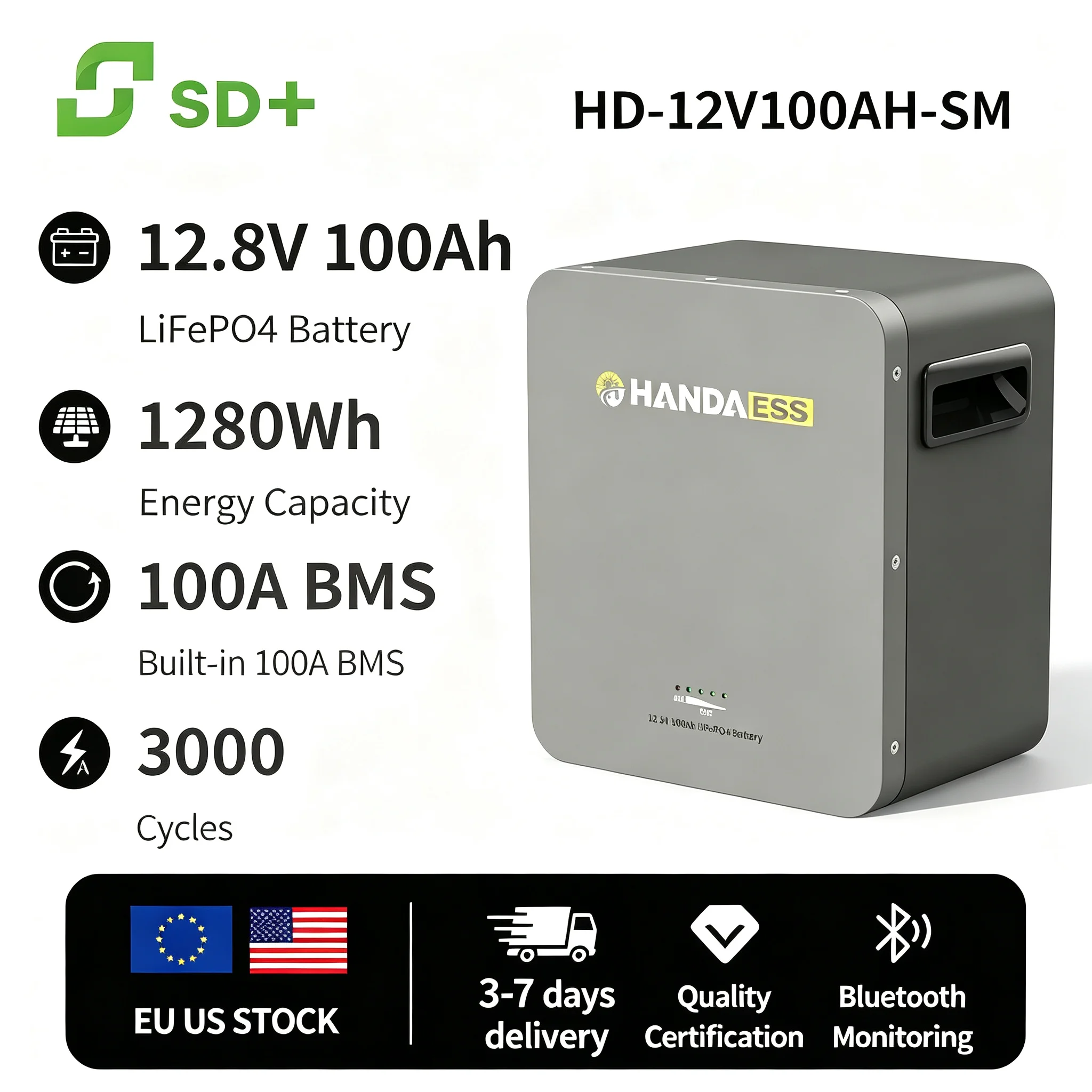 SANDISOLAR HANDA LiFePO4 Battery 12.8V 100Ah 1280Wh｜3000 Cycles /Small size/Light weight//Long cycle life