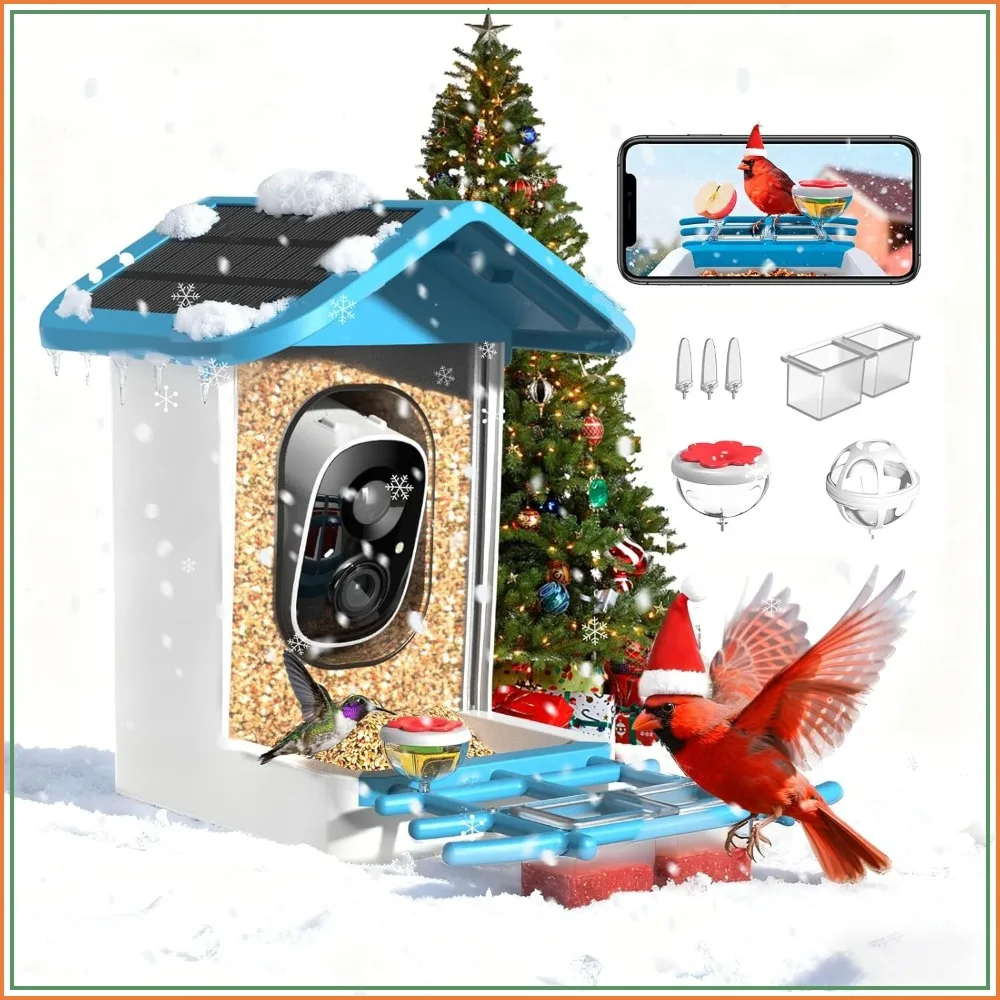 

Smart Bird Feeder with Camera, 2K HD Video, AI Identify Birds, Solar Powered, Auto Capture & Notify, Birdwatching Gift