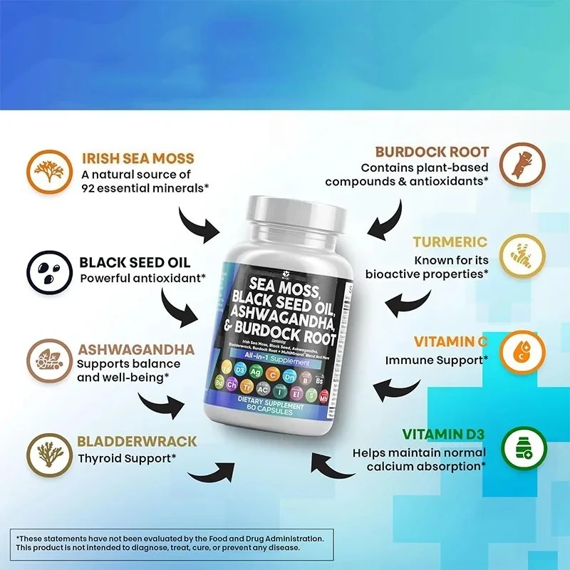 Clean and nutritious health products, including seaweed, black seed oil, turmeric, bladder burdock, and vitamin C