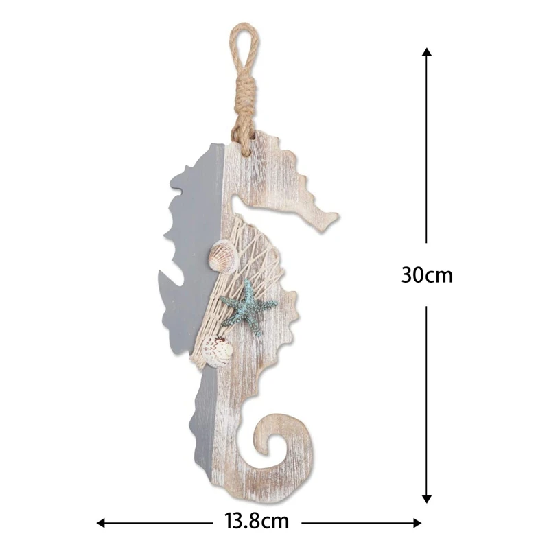 Cavalo marinho de madeira com estrela do mar e conchas, decoração náutica, ornamento, tema da praia, decoração para casa