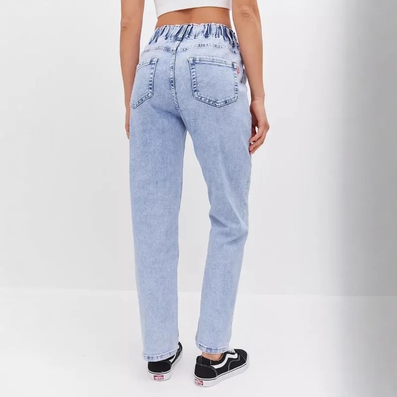 Damskie spodnie jeansowe z wysokim stanem, jesienno-zimowe, nowe, luźne, z elastyczną talią, damskie luźne spodnie codzienne, jednolite, długie spodnie damskie.