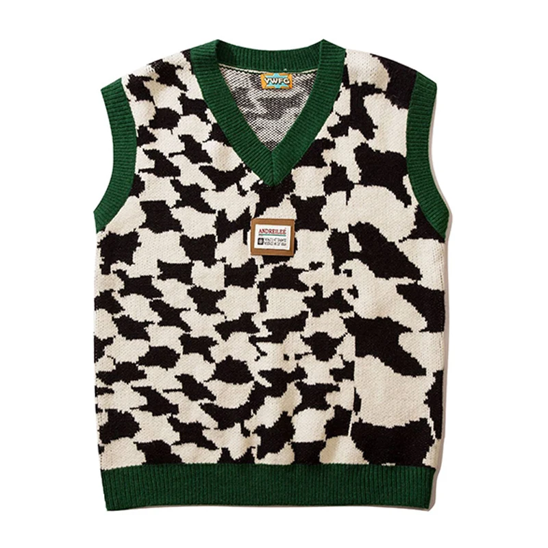 

Harajuku Checkerboard Graphic Knitted V Neck Sweater Vest 2022 Harajuku HipHop Sleeveless Pullover Men Retro Street Men Clothes