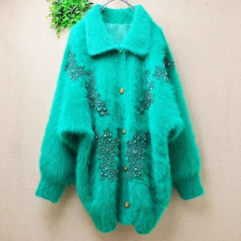 

Ladies Women Autumn Winter Vintage Embroidery Beading Hairy Angora Rabbit Hair Knitted Long Batwing Sleeves Loose Cardigans Coat