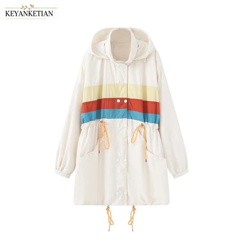 KEYANKETIAN Women Casual Travel Hooded Windbreaker Color Block Stripe Drawstring Waist Mid-length Multi Loose Outer Coat
