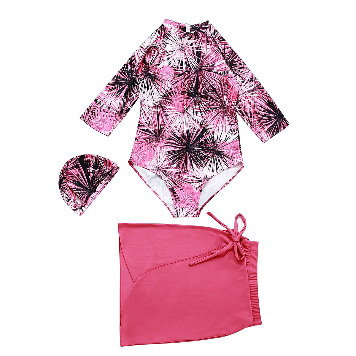 3 Colors Palm Print 3/4 Sleeve Rash Guard Wrap Tie Skirt Quick Dry UV Protection Modest Muslim Burkini Beach Pool Bathing Suit