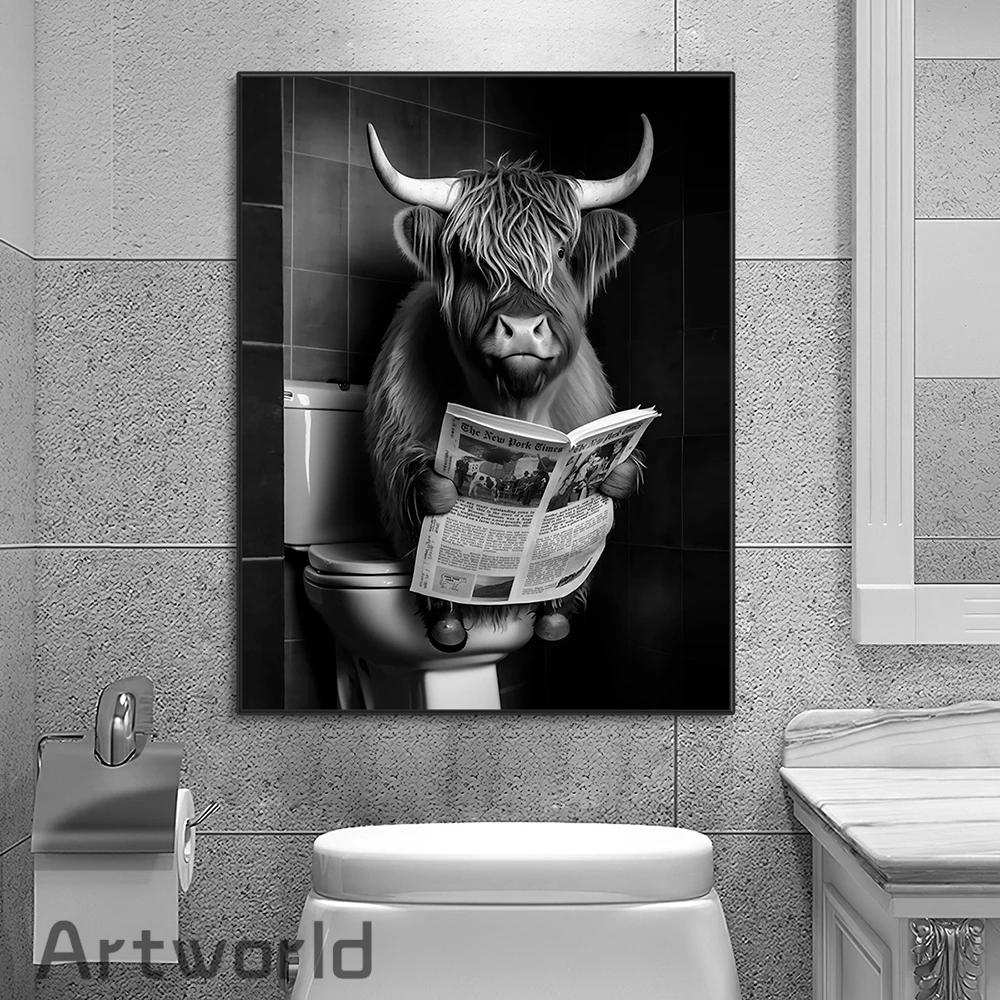 Funny Highland Cow Bath Canvas Wall Art Print Painting Black and White Cow Picture Animal Posters for Bathroom Home Decor