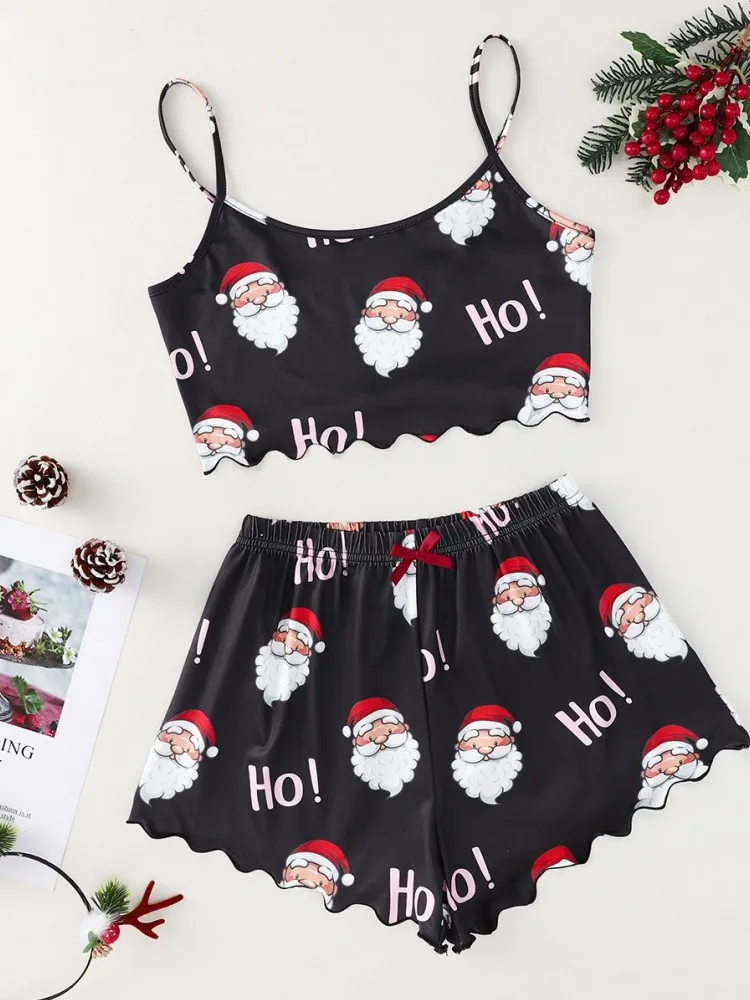 Women's Sleepwear Christmas Santa Print Pajama Set with Spaghetti Strap Top and Shorts Crew Neck Sleeveless Loungewear