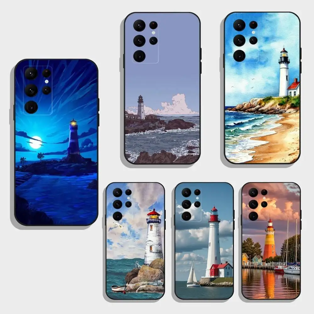 

C-Cartoon L-Lighthouse Art Phone Case For Samsung S25,S24,S23,S22,S21,S20,Ultra,Plus,FE Black Soft Cover