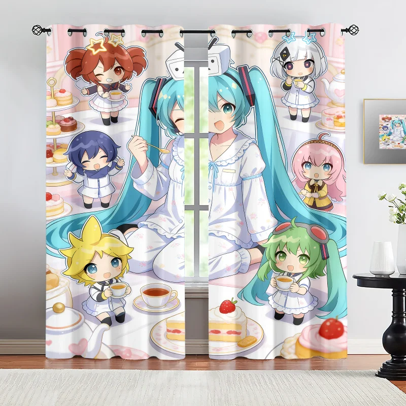2Pcs Hatsune Miku Blackout Curtains, Top Ring Hole without Rod, Anime-Style Illustration Bedroom Dorm E-Sport Room Decor, Gift