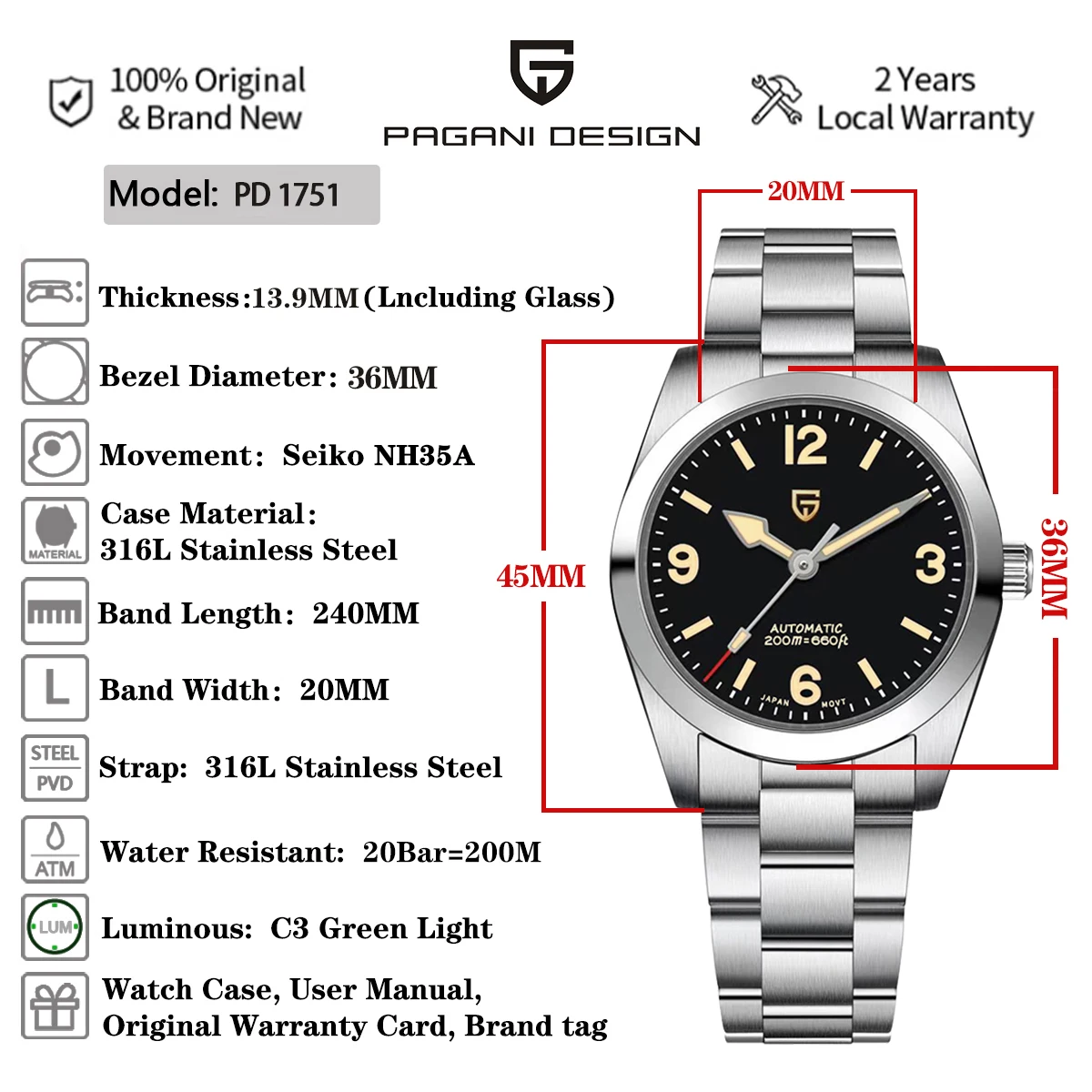 2023 PAGANI DESIGN 36MM Men's Classic Vintage Automatic Mechanical Watch NH35 Sapphire Stainless Steel 200M Waterproof Clock New