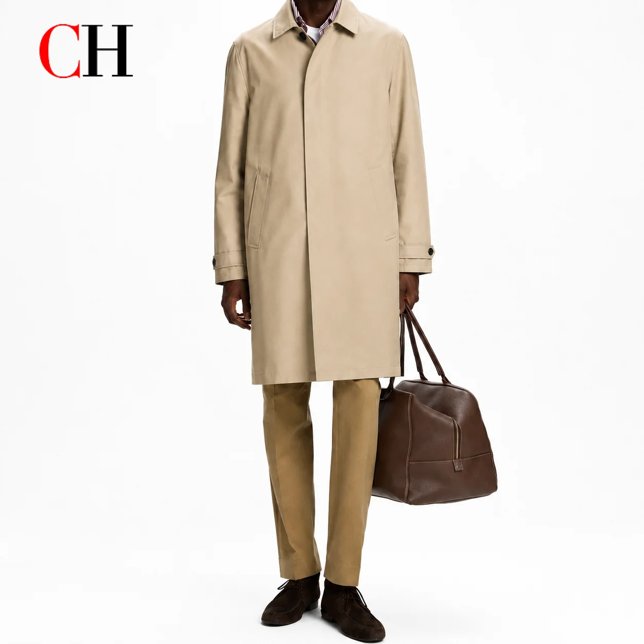 CH  Men's quilted lined trench coat with notched lapel  single-breasted windproof jacket  casual business-style warm winter coat