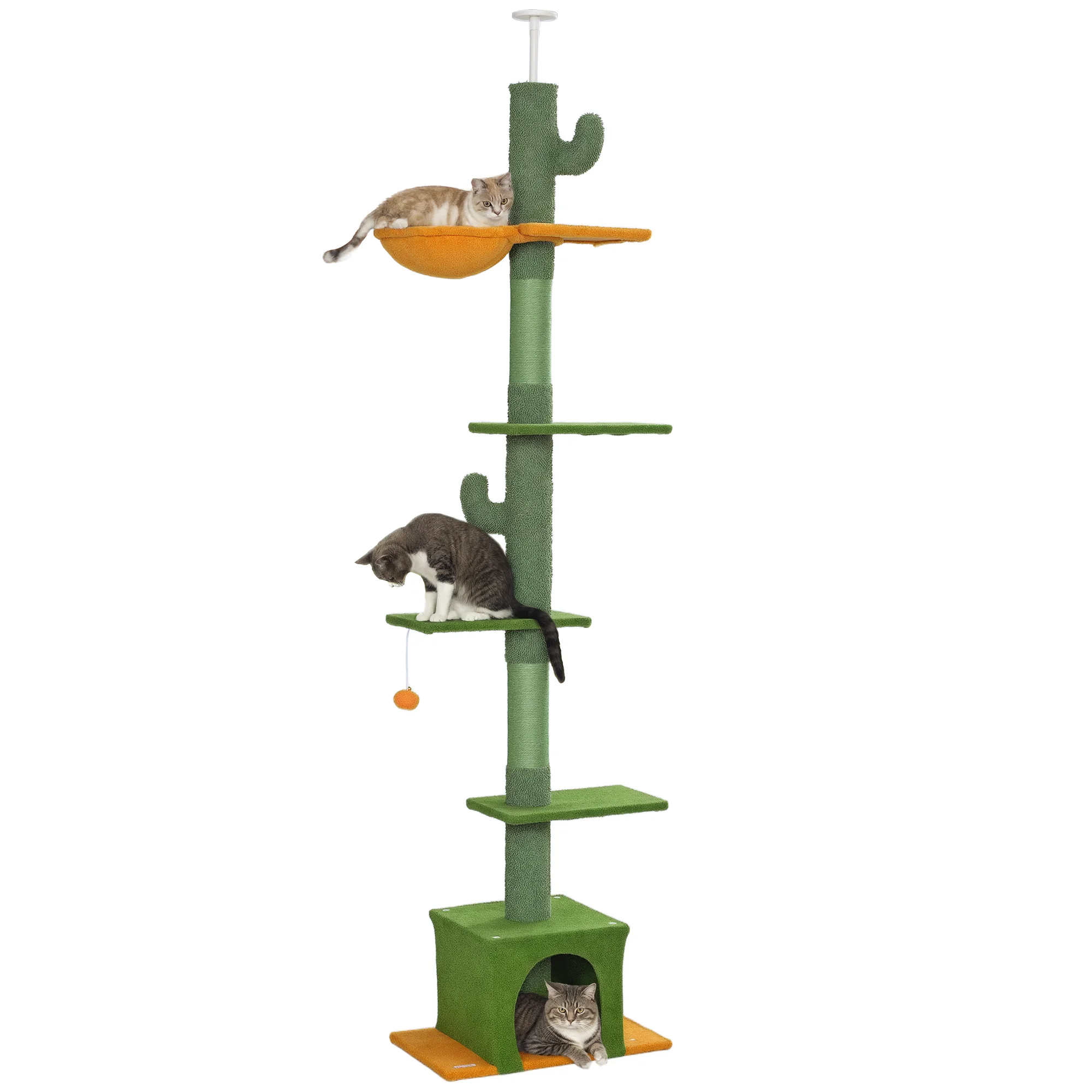 Kattenboom van vloer tot plafond 230-275 cm met verstelbare hoogteplatforms, hol, hangmat, palen, ballen, groen