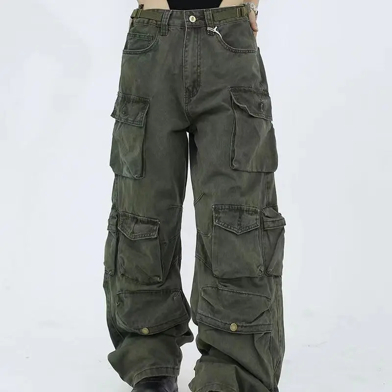 Multi-Pocket Washed Cargo Pants Y2k Retro High Street Fashion High Waist Jeans Couple Harajuku Simple Casual Wide Leg Pants 3XL