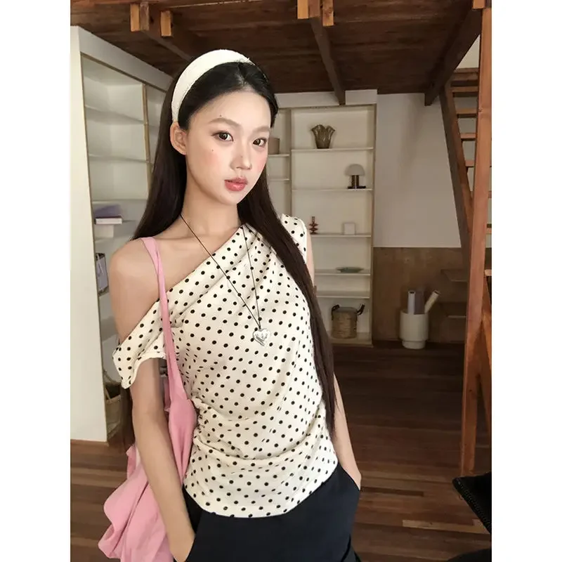 

Short-sleeved T-shirt for Women, New 2026 Summer Polka-dot Off-shoulder and Cross-shoulder Top