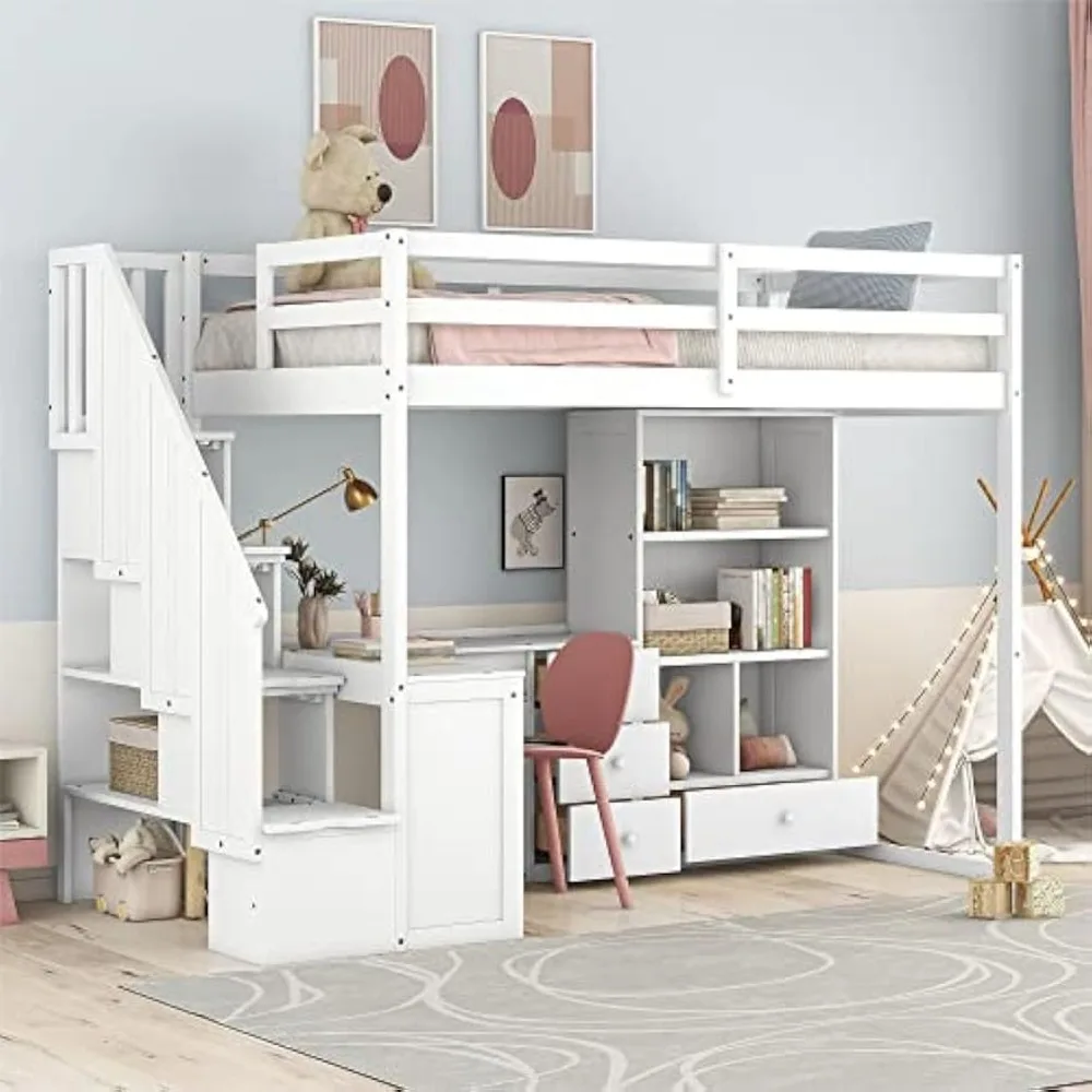 Twin Loft Bed, Stairs and L-Shaped Desk, Solid Wood Loft Bed Frame with Bookcase and Storage Drawers, Loft Bed Children Beds