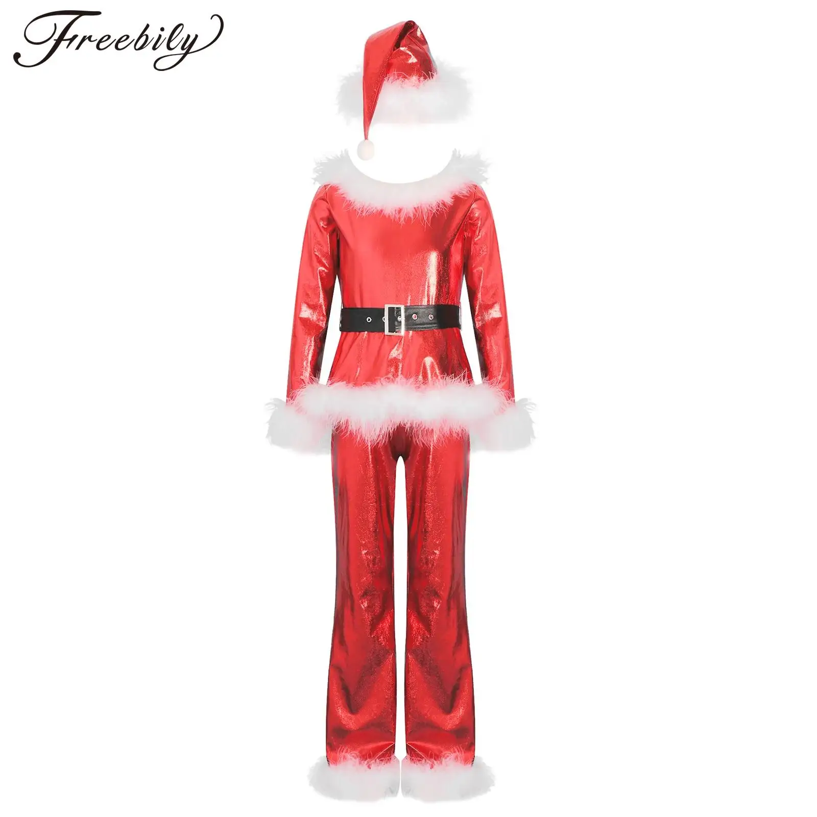 Kids Girls Christmas Bodysuit Xmas New Year Party Santa Claus Cosplay Stage Performance Costume Long Sleeve Bell Bottom Jumpsuit