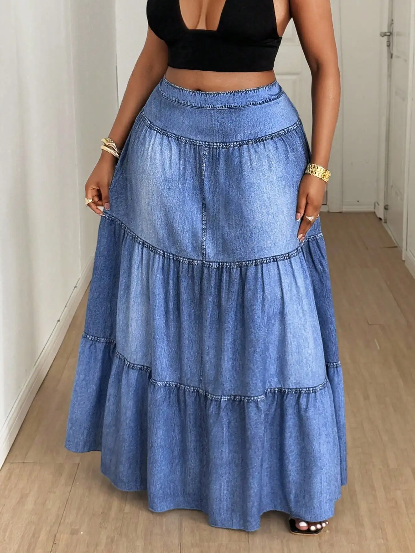 

Plus Size Women's A-Line Maxi Skirt Faux Denim Wash Print Casual Street Style