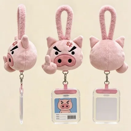 Cute Angry Pink Pig Plush Keychain Funny Gesture Piggy Doll Pendant With Fluffy Wrist Strap Bag Charm ID Card Holder Accessory