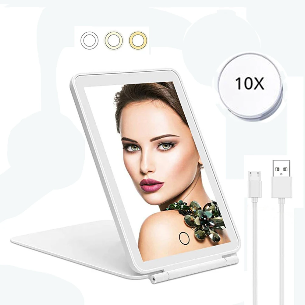 

Portable 10x Magnifying LED Makeup Mirror 3 Colors Lighted Touch Screen Folding Travel Cosmetic Dressing Mirror USB Rechargeable