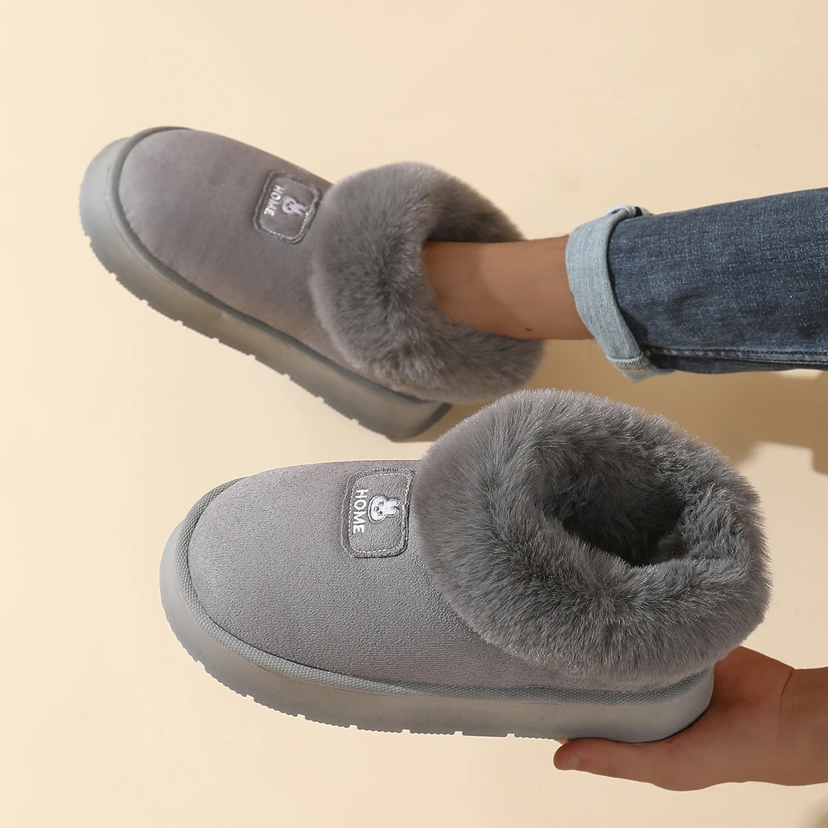 Kwaliteit pluizig pluche namaakbont zachte pantoffels damesmode snowboots hoge winter indoor comfortabele thuis herenschoenen