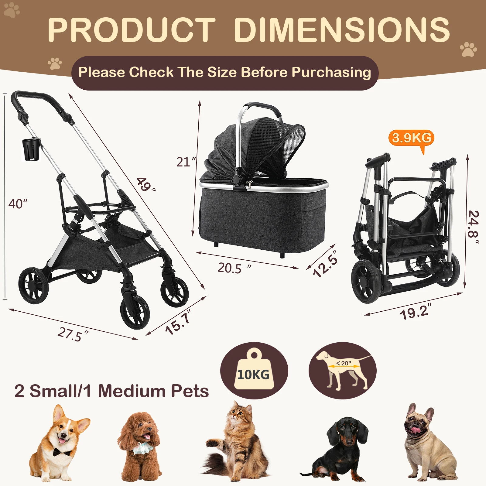 Faltbarer Kinderwagen mit Abdeckung, 4-Rad-Haustier-Kinderwagen für kleine/mittlere Hunde und Katzen mit Aufbewahrungskorb und Getränkehalter – Detail 2