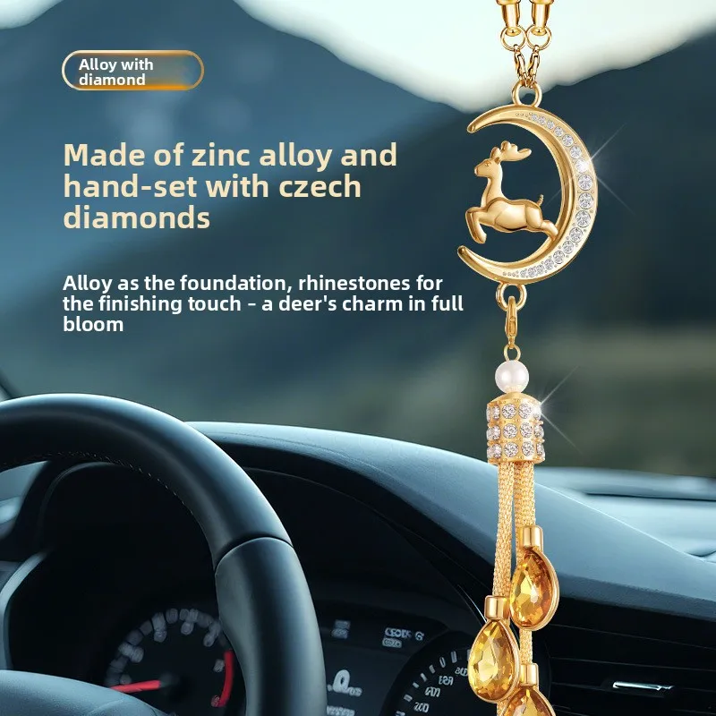 Rhinestone Moon Deer Car Pendant, Tassel Crystal Waterdrop Charm, Rearview Mirror Hanging Ornament, Car Interior Gift
