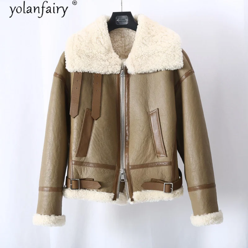 Abrigo de piel auténtica para mujer, chaqueta de piel de cordero para motocicleta, abrigo de piel de oveja, chaquetas cálidas, 2023 KJ