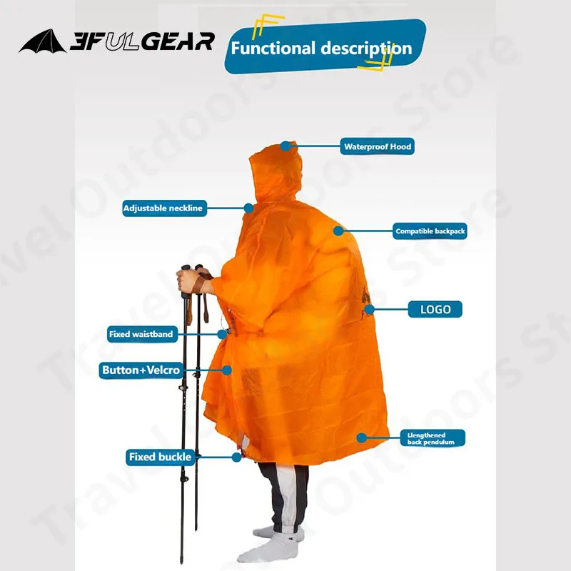 3F UL GEAR Ultralight 225g Camping Rain Coat 15D/210T Cycling Fishing Climbing Wear-Resisting Pu5000mm Adult Hooded Raincoat