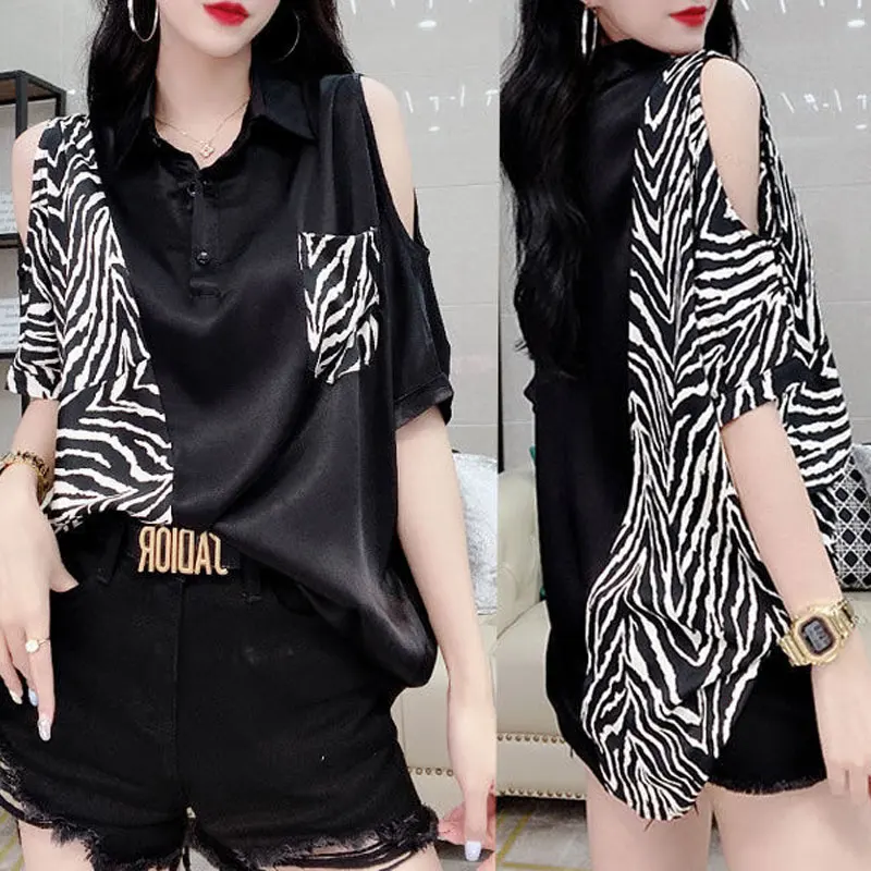 Women's Elegant Off Shoulder Summer New Turn-down Collar Blouse Casual Leopard Patchwork Shirt Streetwear Stylish Pockets Button