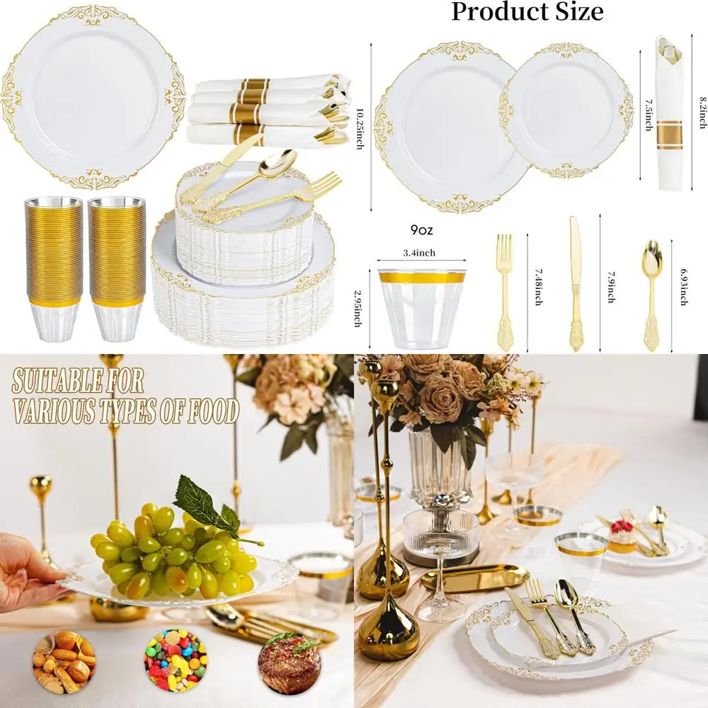 

Gold and White Disposable Dinnerware Set for 50 Guests, Includes 100 Plates, 150 Silverware, and 50 Cups