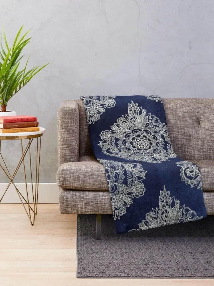 Cream Floral Moroccan Pattern on Deep Indigo Ink Throw Blanket Warm Thermals For Travel Hairys Blankets