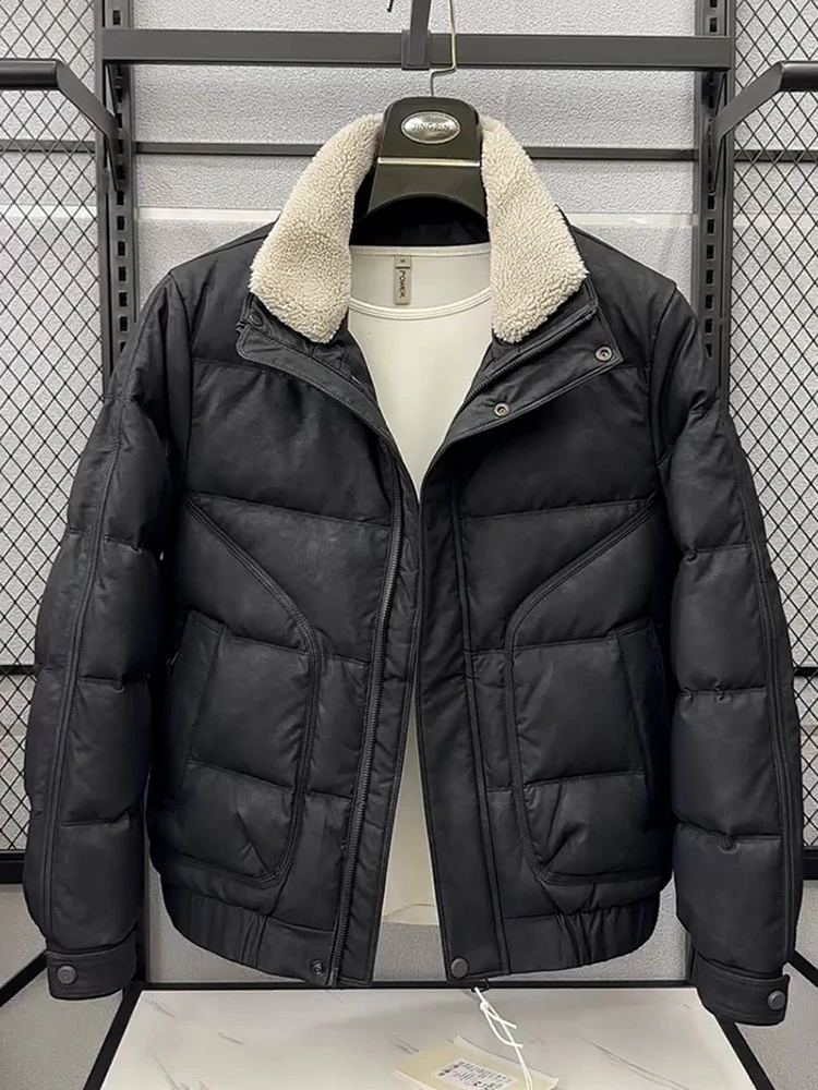 

High-End Detachable Fur Collar Men's down Jaet ort Sle Korean Fit PU Leather Cold Resistance Warm Outerwear