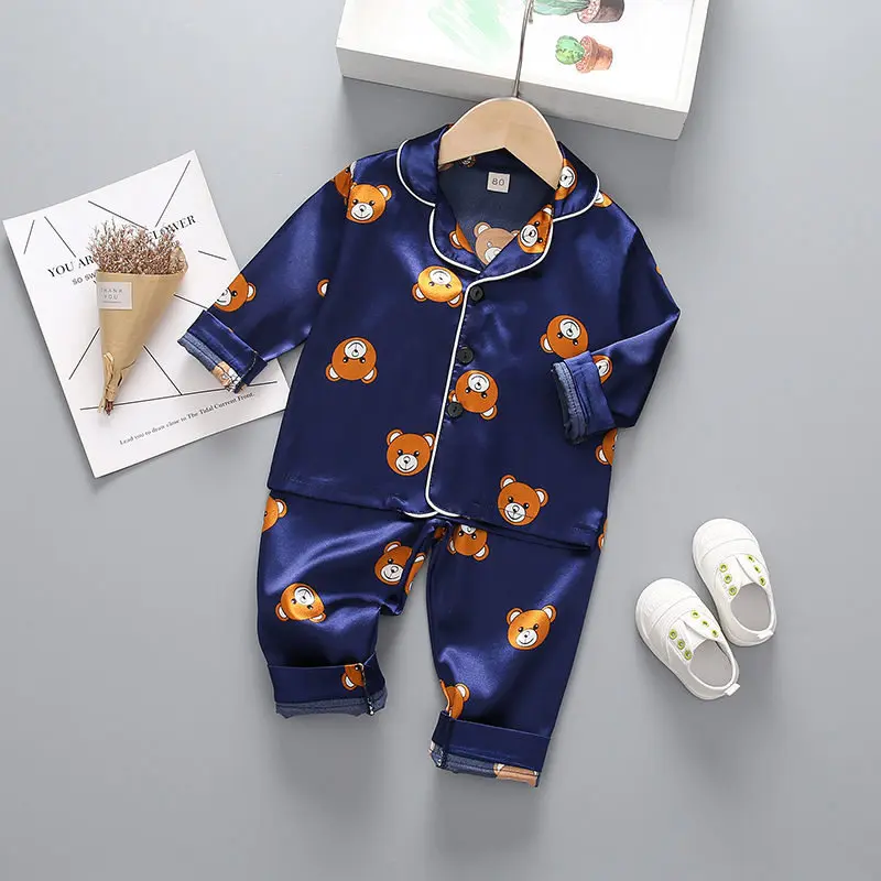 Boys Girls Kids Pajama Set Cartoon Bear Long Sleeve T-Shirt Tops With Pants Toddler Kids Sleeping Cloth Sleepwear 1 2 3 4 Years