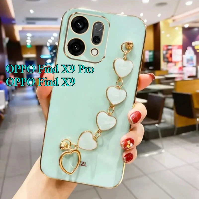 For OPPO Find X9 Pro Plating Silicone Love Heart Bracelet Chain Case For Find X9 X9Pro Soft TPU Shockproof Protection Cover