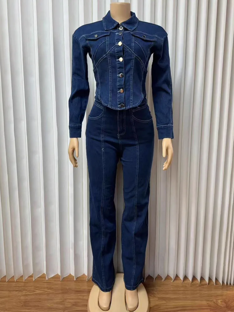 BKQU Fashion Denim 2 Pieces Set for Woman Outfit Stripe Line Patchwork Long Sleeve Crop Jacket and Pants Outfits High Streetwear