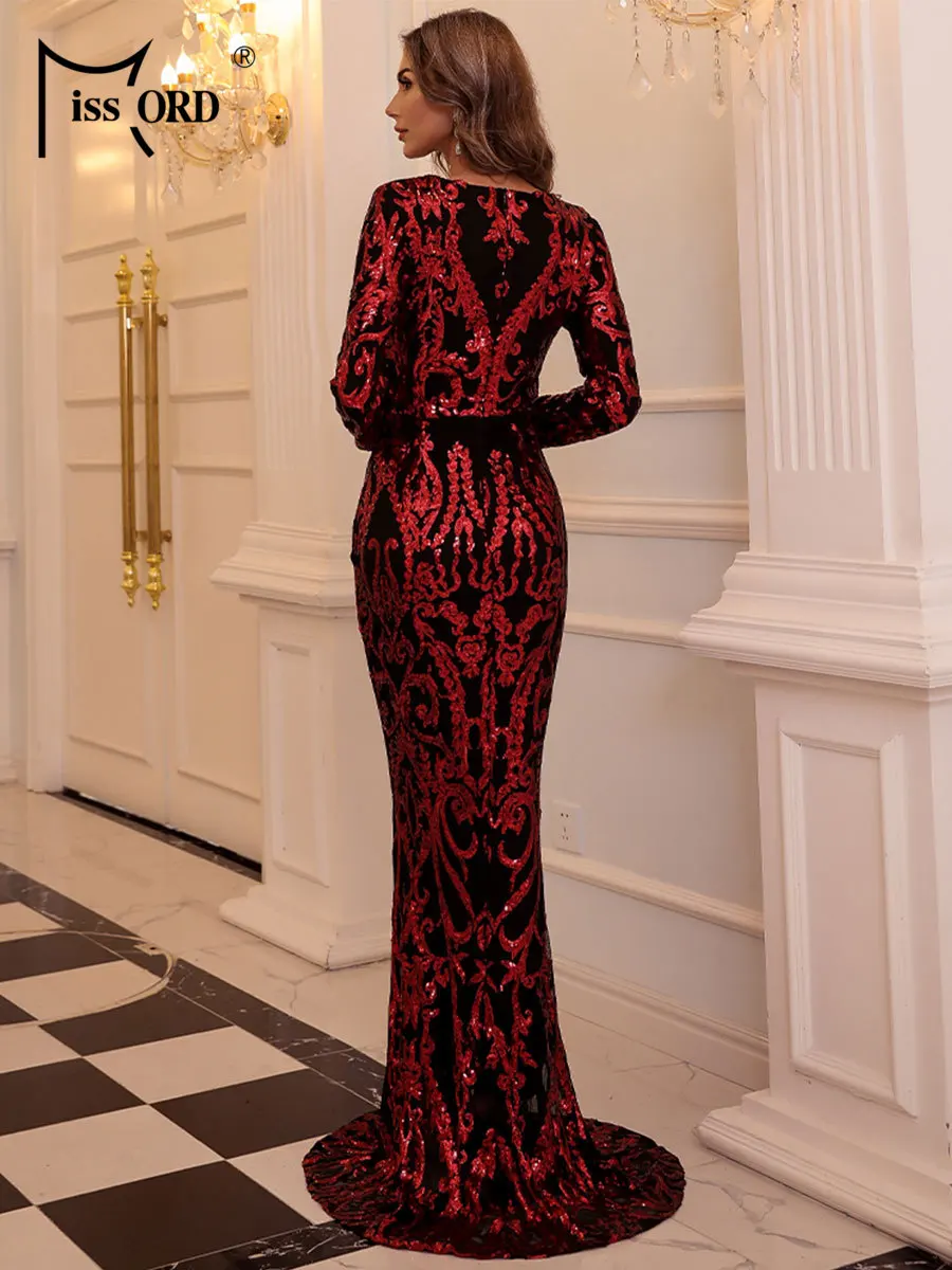 Missord Red Floral Sequin Prom Dresses Elegant Women O-Neck Long Sleeve Bodycon Maxi Party Dress Formal Evening Gown