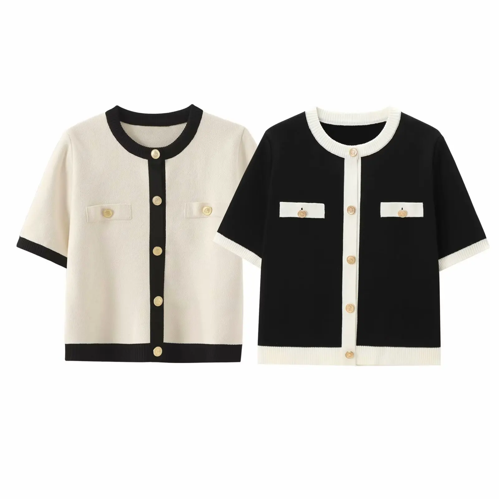 

Summer Women's Knitted Jacket New Casual Fashion Classic Round Neck Single Breasted Short Sleeved Sweater Coat Top