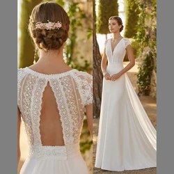 Ivory-vestidos De novia modernos De satén De encaje para mujer, elegantes vestidos De novia De sirena con tren desmontable con cuello en V, talla grande, personalizados