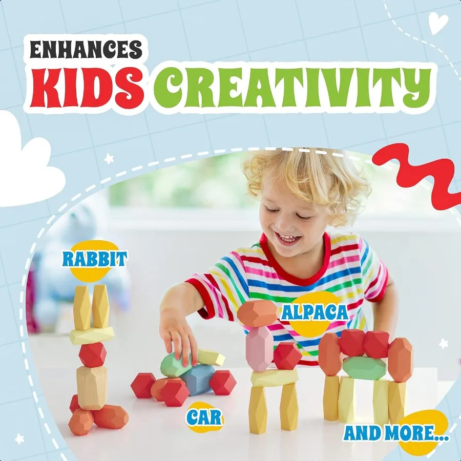 36 قطعة كتل التراص الخشبية ألعاب مونتيوري للأطفال الصغار بعمر 2 3 4 5 6 سنوات وصخور XL لا خطر الاختناق الجذعية الحسية Buildi