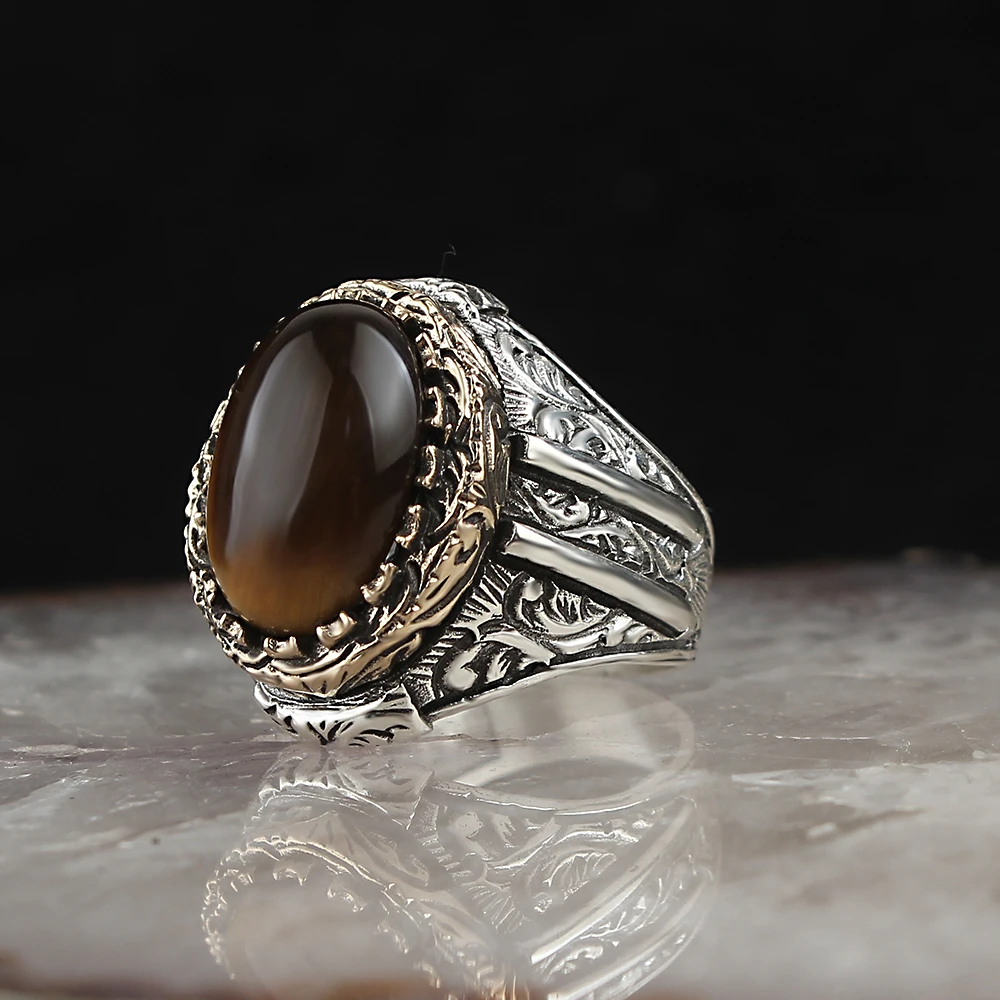 

Tiger's Eye Gemstone Pen İşçilikli 925 Sterling Silver Men 'S Ring