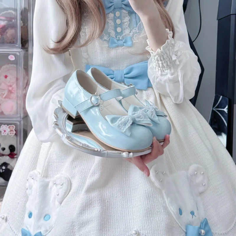 Original tout-match dentelle Lolita mignon doux fille talon bas bout rond chaussures femmes femme de chambre couleur Pastel sandale plate