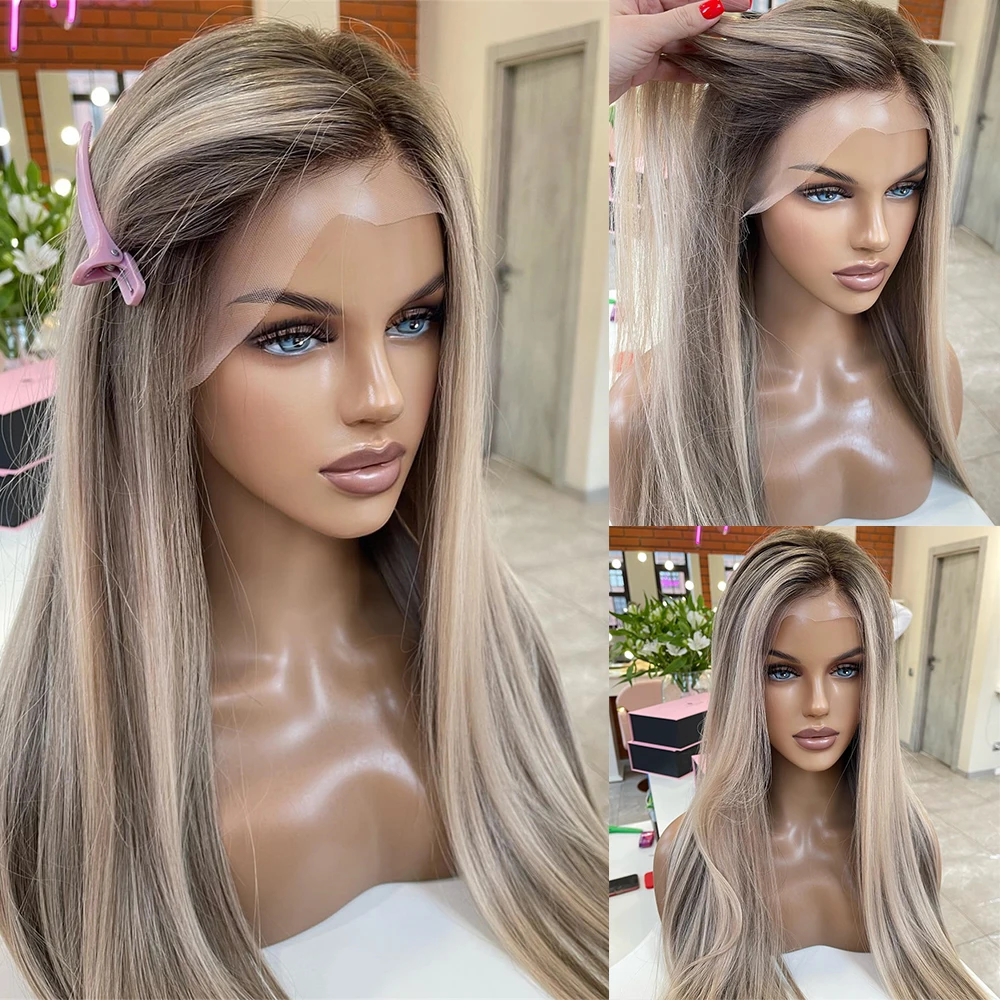 30 Inch Dark Root Long Straight Synthetic Hair Lace Front Wigs For Women Ombre Ash Blonde Highlihgts Wig 13x4 Lace Frontal Wig