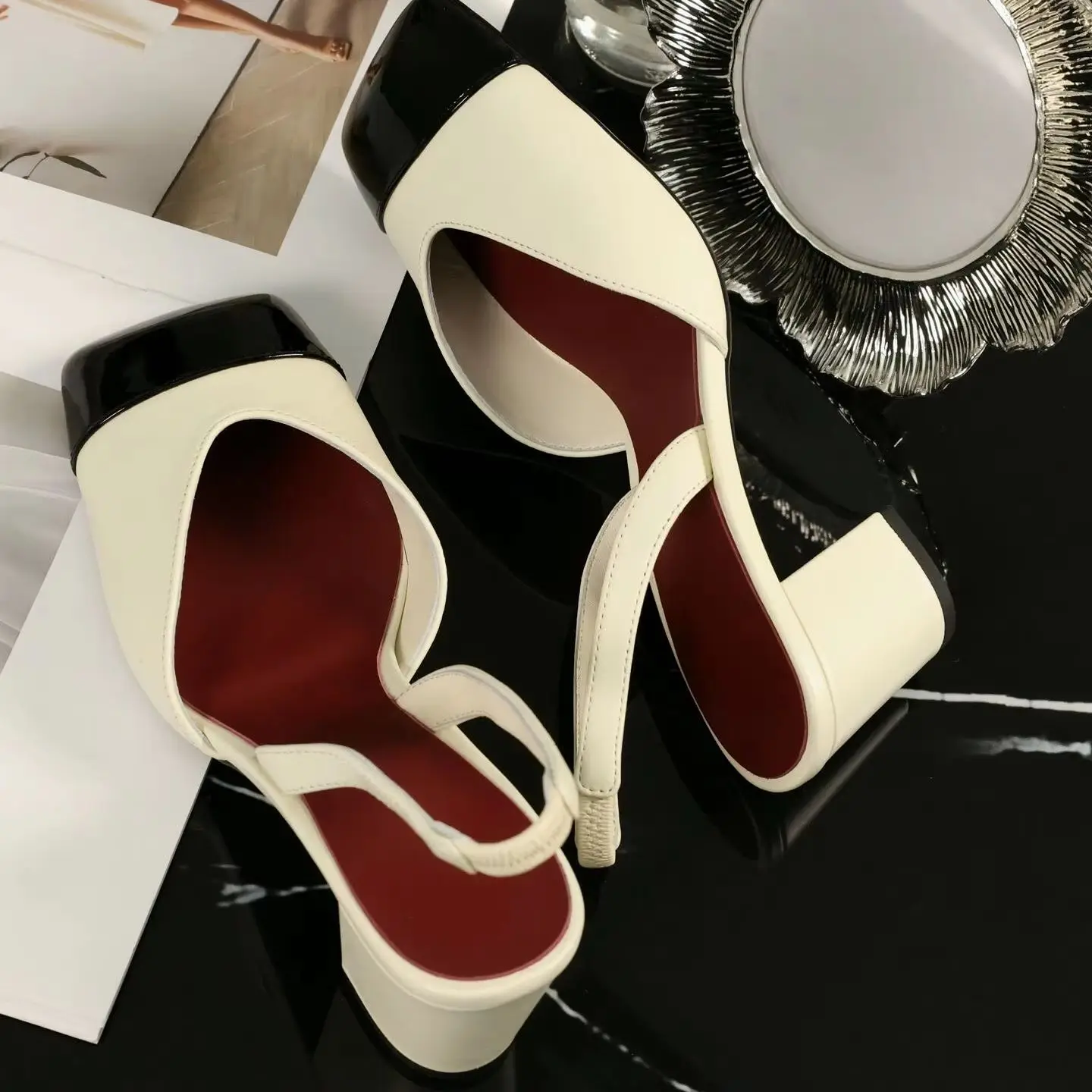 Women Slingback Pumps Two Tone Cream Black Patent Toe Cap Block Heel Sandals Square Toe Backless Faux Leather Office Party Dress Shoes For Ladies