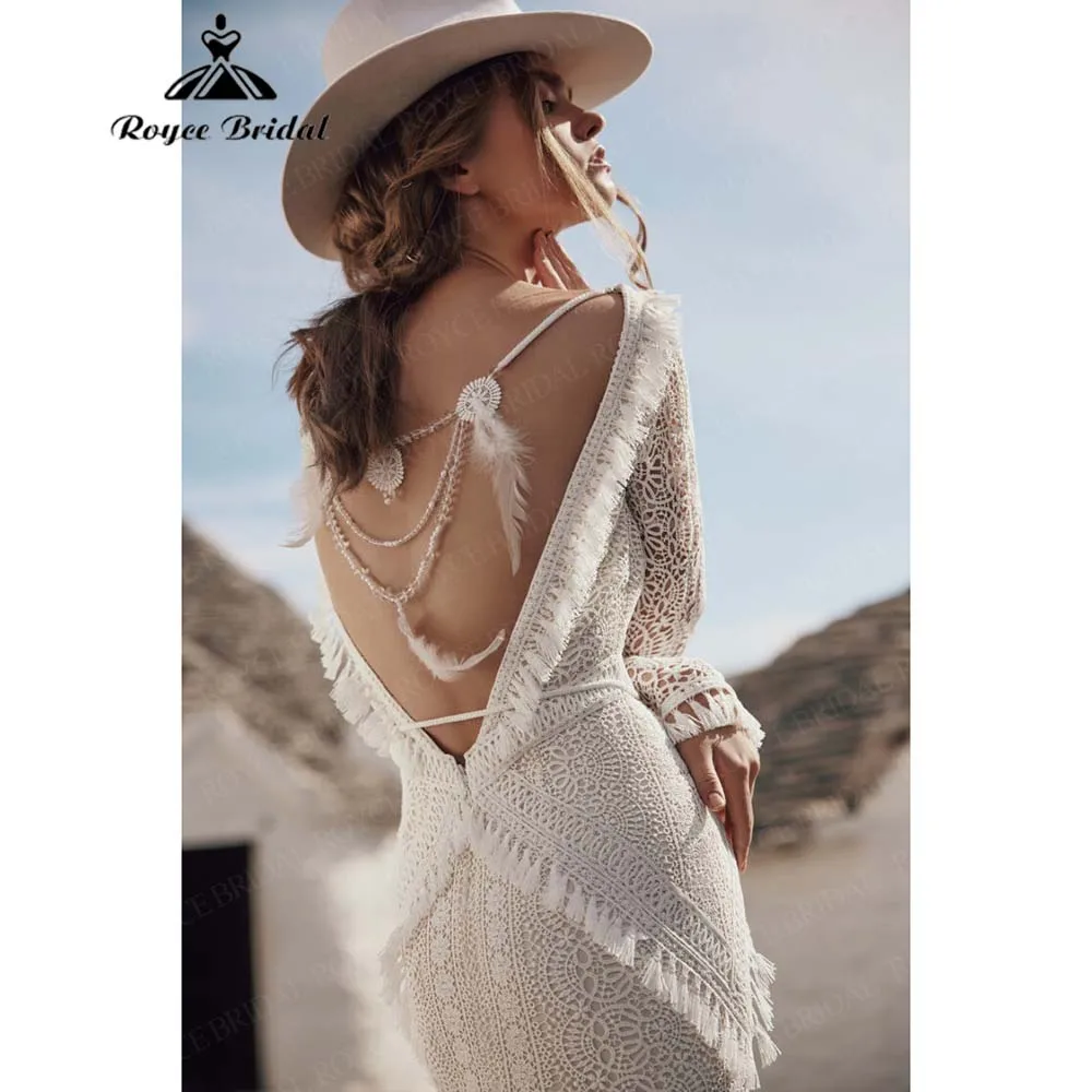 Roycebridal แขนยาว Boho ชุดเดรสเมอร์เมด 2026 สไตล์ลึก V-Back ลูกไม้เจ้าสาวชุด Vestidos De Novia ที่กําหนดเอง