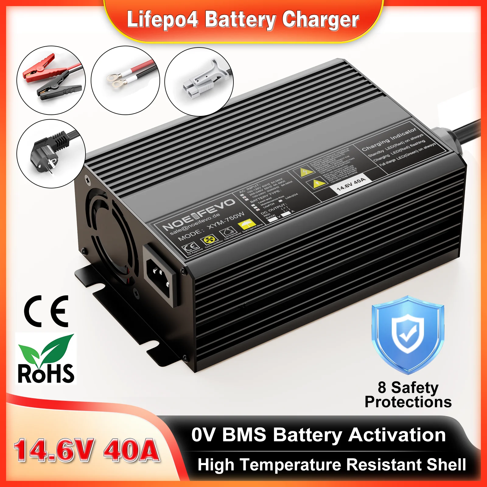 LiFePO4 Charger 12V 40A, 14.6V Lithium Charger for12.8V 4S 200Ah RVs Boats Solar Battery, 0V BMS Maintenance, 8 Protection