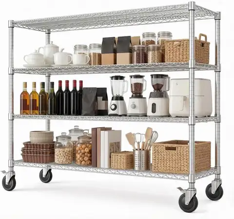 Tacleekii 4-Tier 5-Tier Storage Rack Metal Wire Shelving Unit with Wheels Steel Wire Storage Shelving,for Garage,Basement,Kitchen,Warehouse,Black