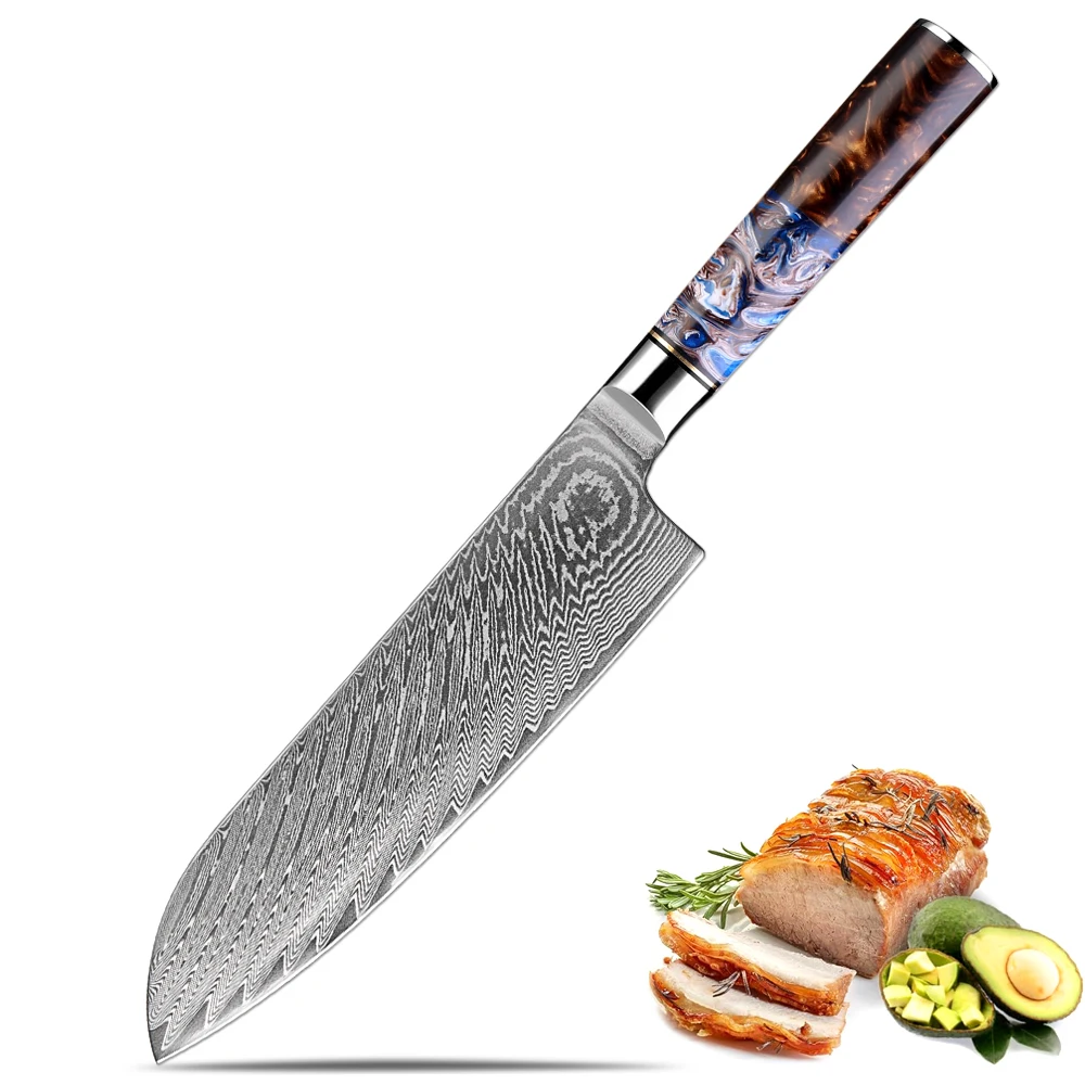 

Нож Сантоку из дамасской стали, 7 дюймов, японский нож для нарезки, острый профессиональный кухонный нож для овощей, рукоять из синей смолы