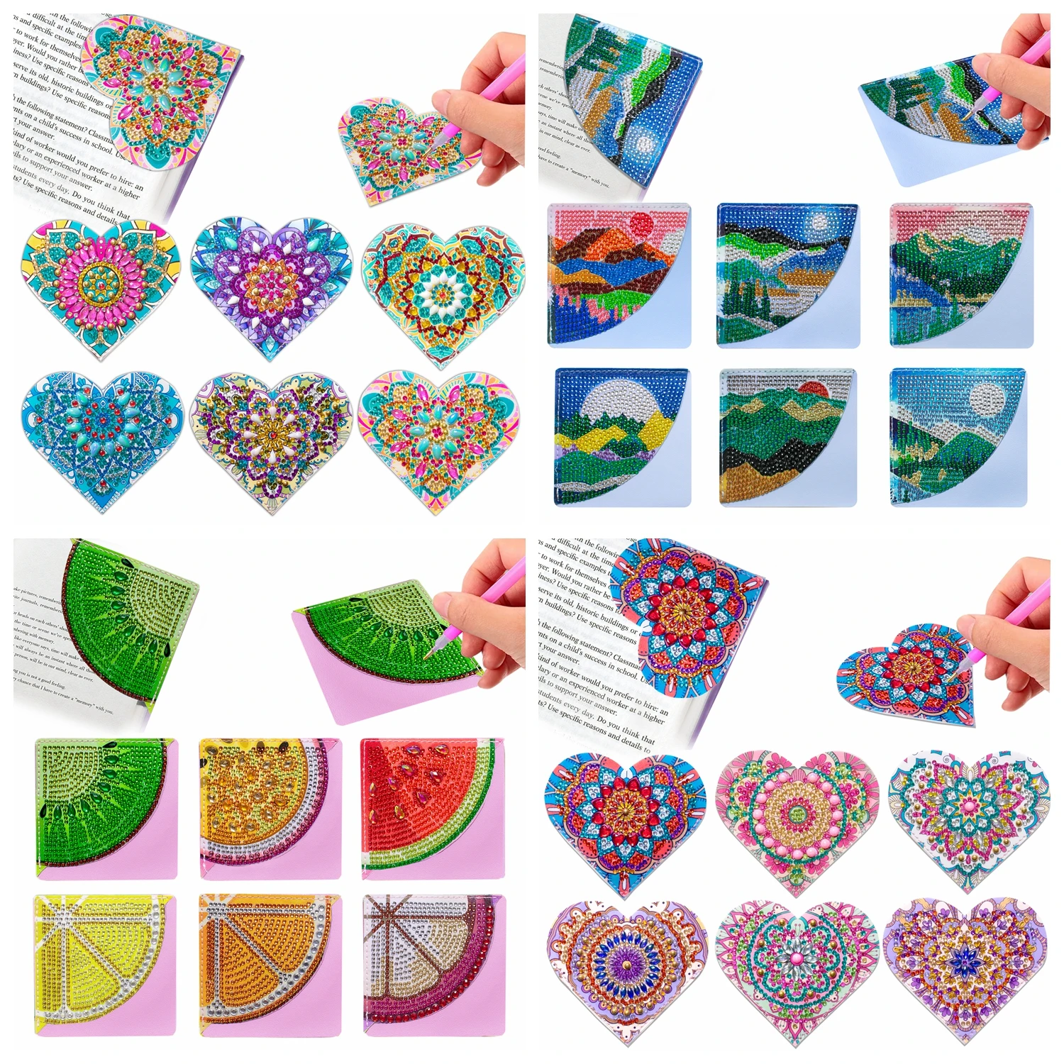 

6pcs/Set DIY Heart Diamond Art Corner Bookmarks Leather Book Marks Crystal Rhinestones Diamond Painting Bookmarks for Beginners